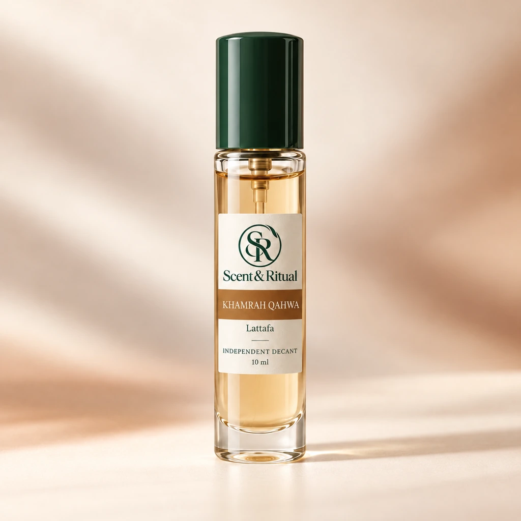 Lattafa Khamrah Qahwa — S&R Decant — concept packaging mockup